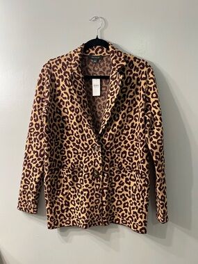 Ann Taylor Leopard Print Blazer-Style Sweater - Beige & Deep Burgundy